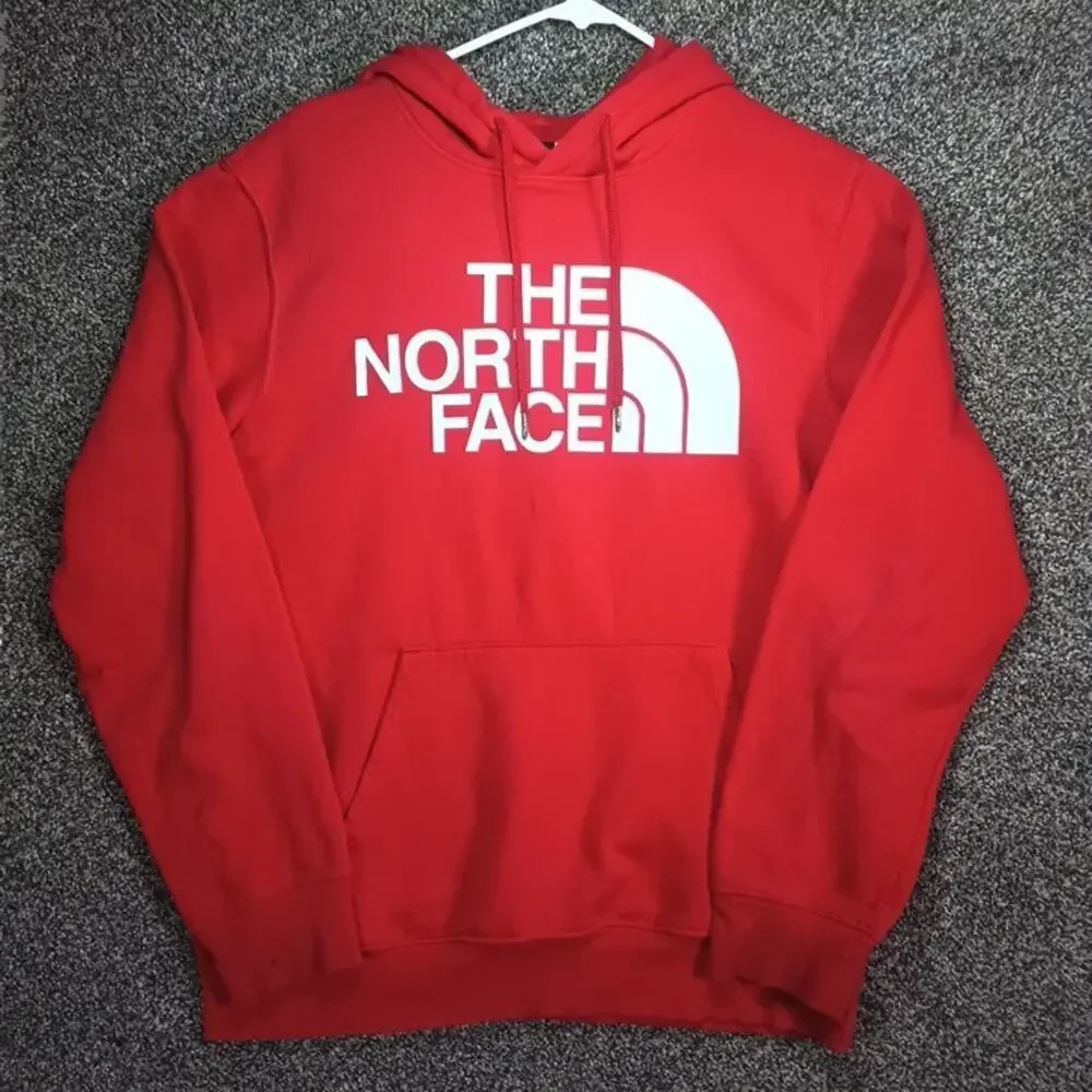 The North Face Red White Big Logo Hoodie Mens Medium Pullover Drawstring Cotton